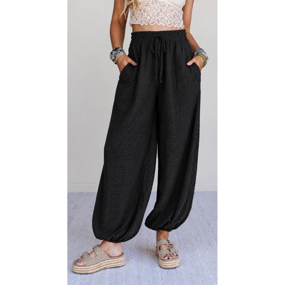Three Bird Nest Pants Style Joggers Womens Size S Black Cotton Gauze Lagenlook